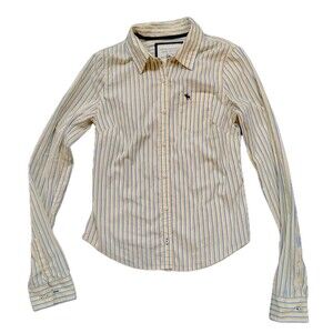 Abercrombie & Fitch Shirt Girls L Yellow Blue White Striped Button Front Cotton